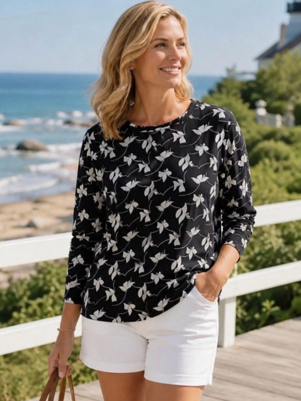 Lands' End Black and White Floral Long-Sleeve Tee